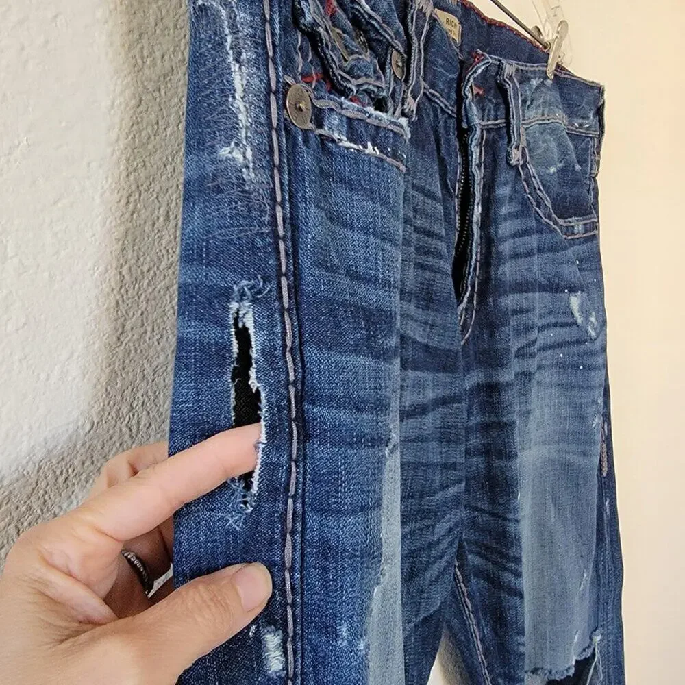 True Religion Ricky Relaxed Straight Leg Jeans Blue Distressed Men Size 38x34